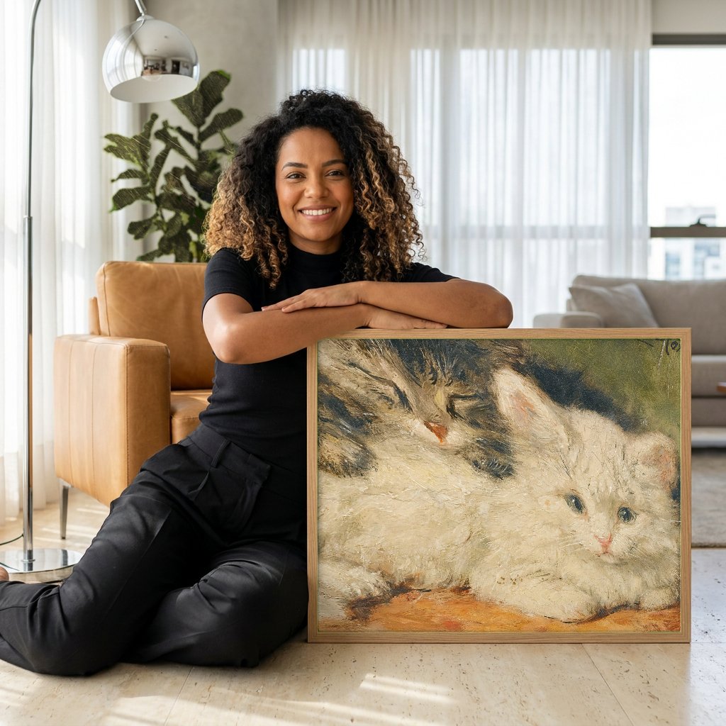 Quadro Decorativo Gatinhos Adoráveis - Henriëtte Ronner Knip com modelo em ambiente