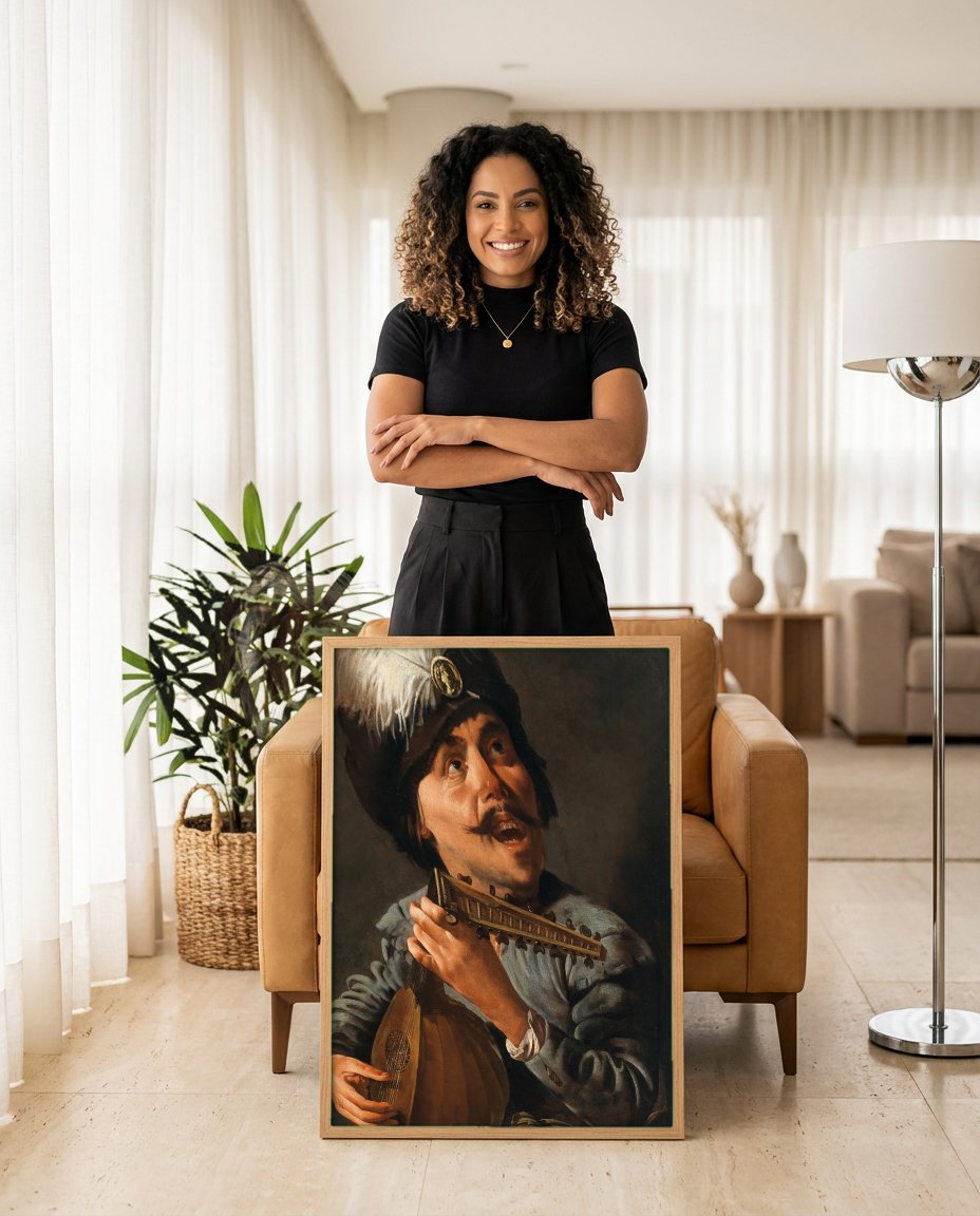 Quadro Decorativo O Cantor de Alaúde - Hendrick ter Brugghen com modelo em ambiente