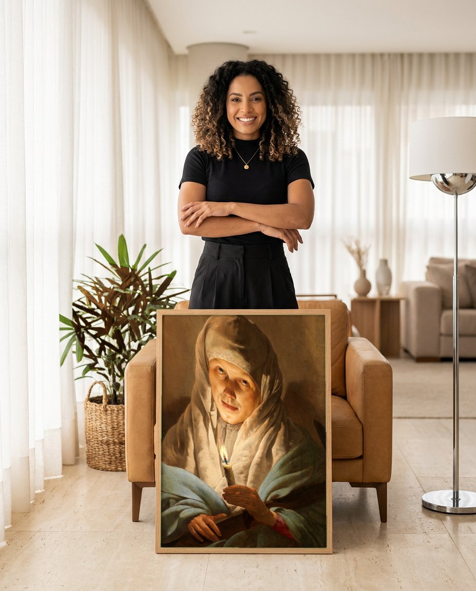 Quadro Decorativo A Jovem com a Vela - Hendrick ter Brugghen com modelo em ambiente