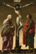 Quadro decorativo da obra 'A Crucificação com Maria e São João' de Hendrick ter Brugghen, mostrando Jesus crucificado com a Virgem Maria e São João aos pés da cruz, em estilo caravagista com iluminação dramática.