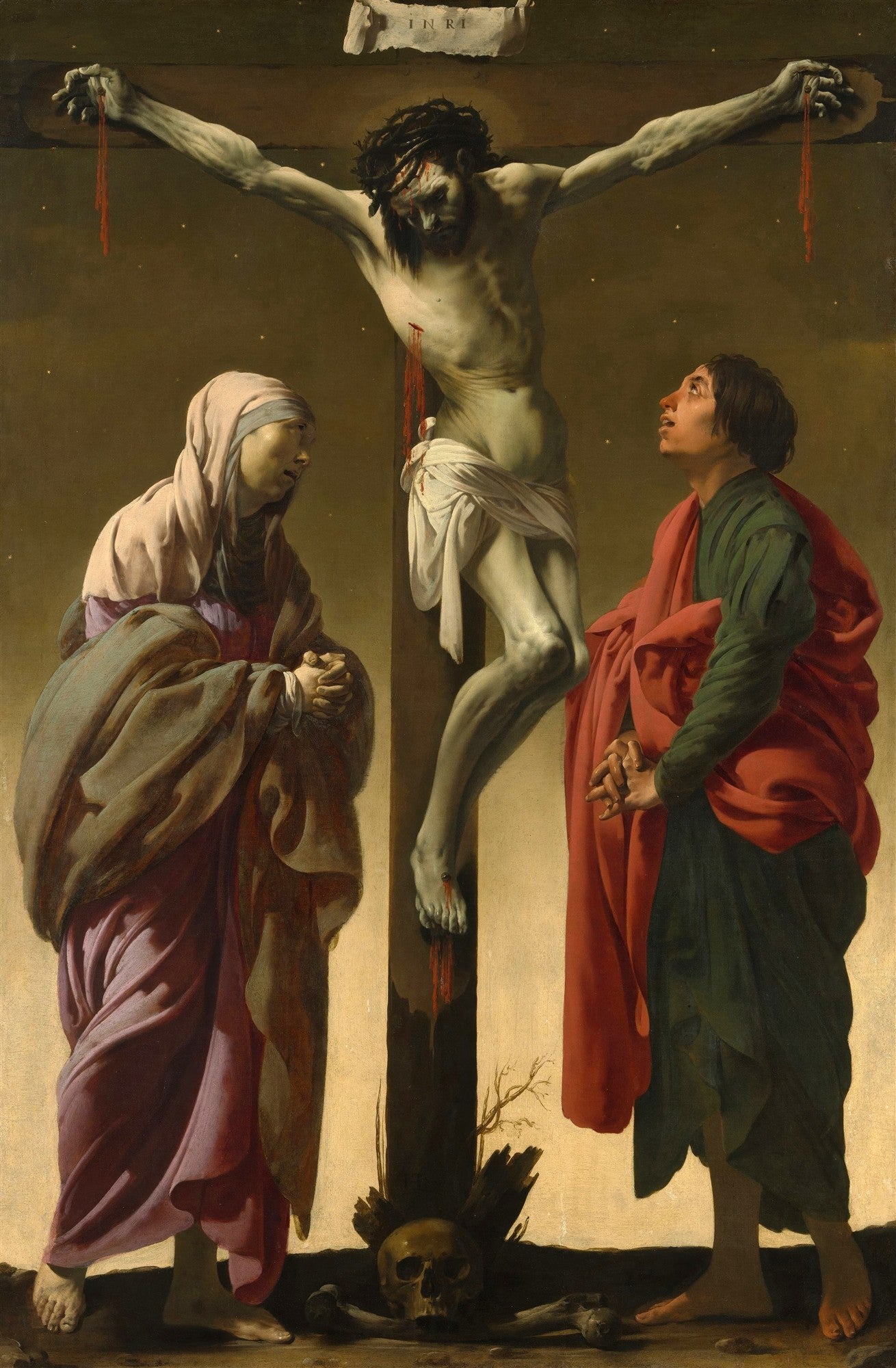 Quadro decorativo da obra 'A Crucificação com Maria e São João' de Hendrick ter Brugghen, mostrando Jesus crucificado com a Virgem Maria e São João aos pés da cruz, em estilo caravagista com iluminação dramática.