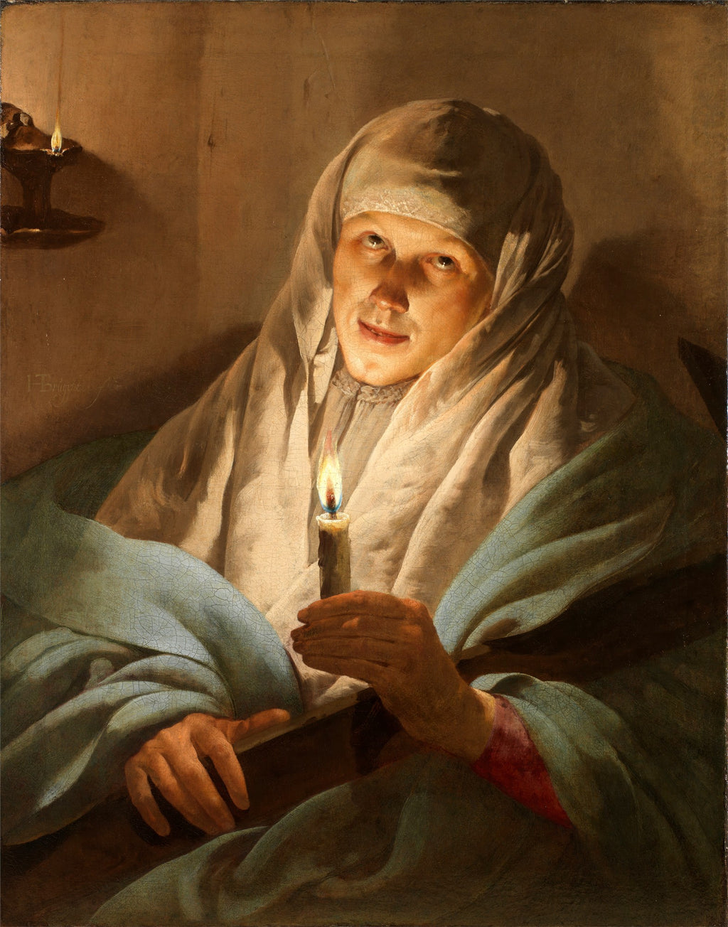 Pintura barroca de Hendrick ter Brugghen, "A Jovem com a Vela", mostrando uma figura feminina com um lenço na cabeça segurando uma vela acesa que ilumina seu rosto em um ambiente escuro.