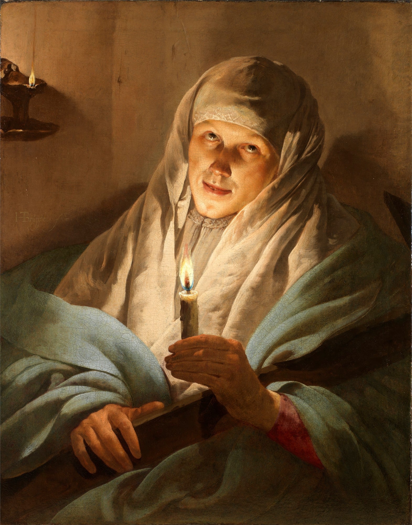 Pintura barroca de Hendrick ter Brugghen, "A Jovem com a Vela", mostrando uma figura feminina com um lenço na cabeça segurando uma vela acesa que ilumina seu rosto em um ambiente escuro.