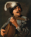 Quadro decorativo 'O Cantor de Alaúde' de Hendrick ter Brugghen, mostrando um homem com bigode e chapéu com pena, cantando e tocando um alaúde, iluminado dramaticamente.