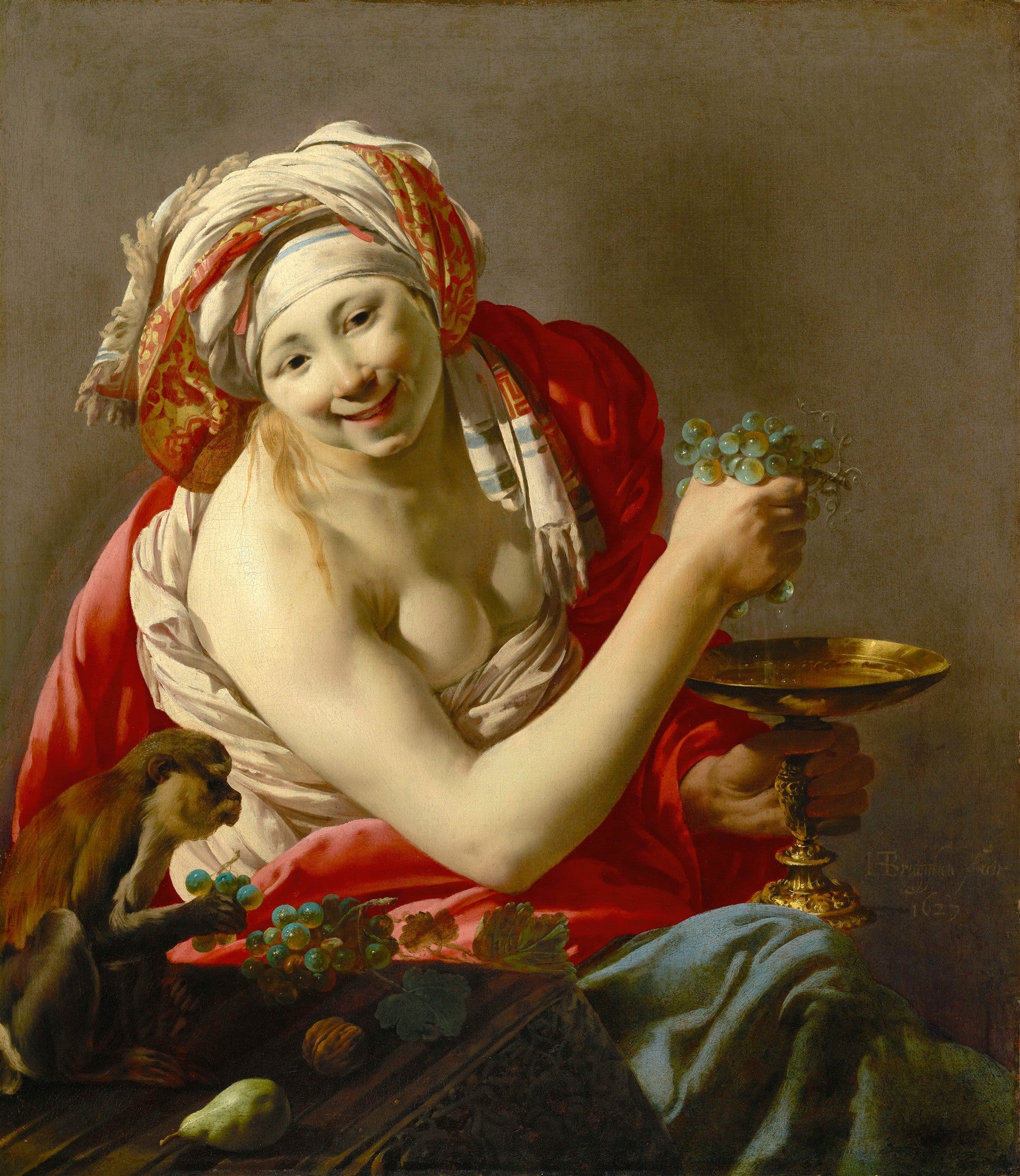Quadro decorativo 'A Jovem e o Macaco' de Hendrick ter Brugghen. Retrata uma mulher sorridente com um turbante, segurando uvas sobre uma taça, enquanto um macaco come uvas ao lado. Cores vibrantes e realismo caravaggista.