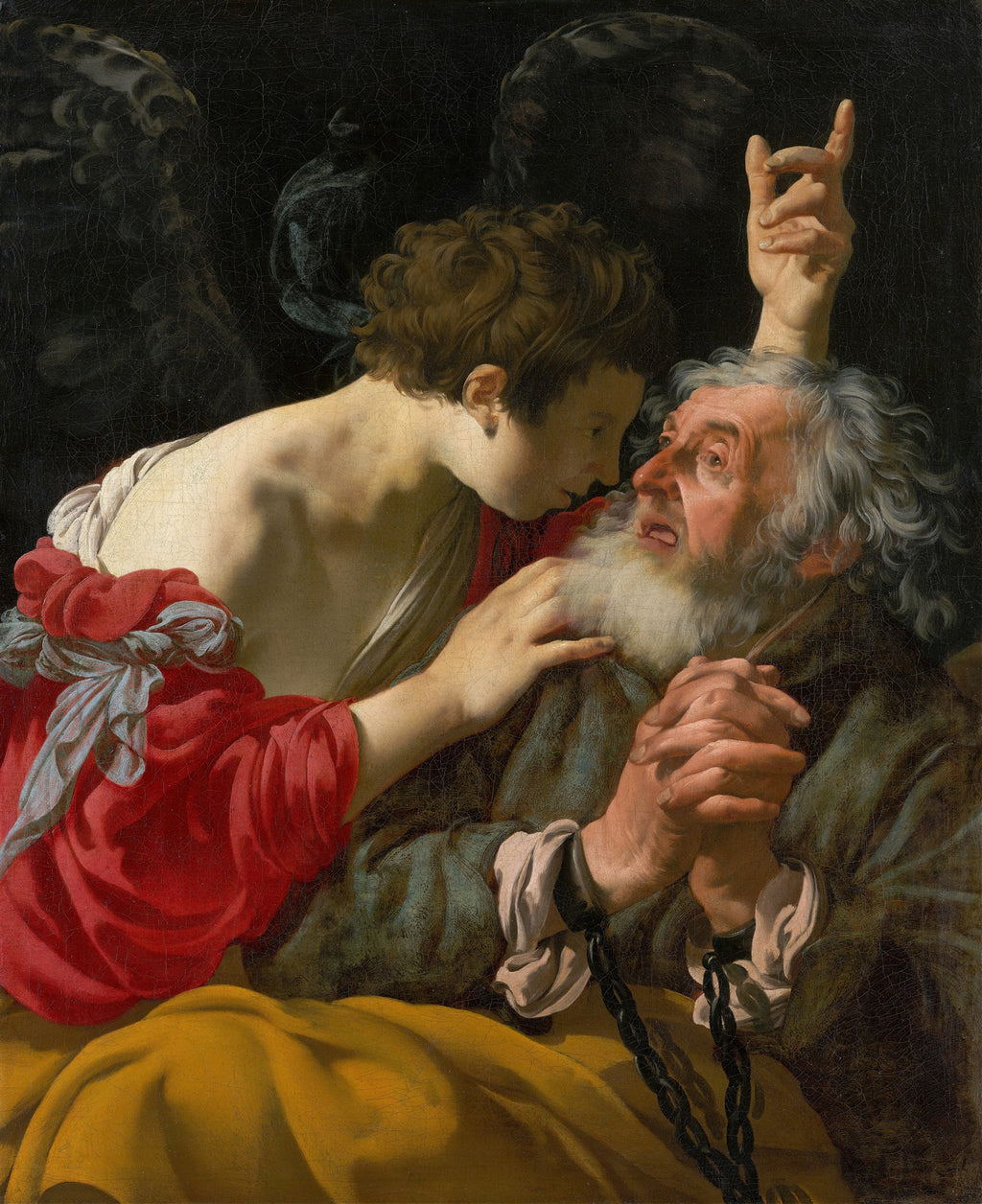 Quadro decorativo mostrando São Pedro acorrentado sendo libertado por um anjo, em estilo barroco de Hendrick ter Brugghen, com iluminação dramática.