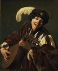 Retrato de um jovem sorridente segurando um alaúde, usando um chapéu com pena e vestes escuras, pintado por Hendrick ter Brugghen.