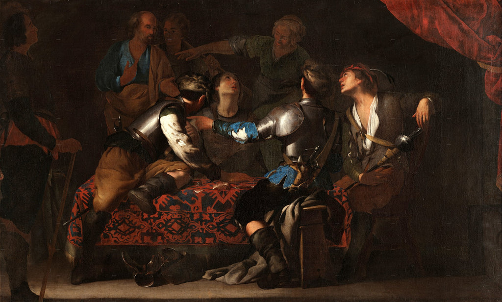 Quadro decorativo 'A Prisão de Cristo' de Hendrick ter Brugghen, cena bíblica com figuras em armadura e vestes antigas, iluminadas por forte contraste de luz e sombra, em estilo barroco e caravaggesco.