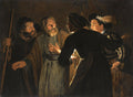 Pintura barroca escura de Hendrick ter Brugghen, 'A Prisão de Cristo', mostrando São Pedro negando Cristo, iluminado por uma vela central. Quatro figuras com expressões dramáticas.