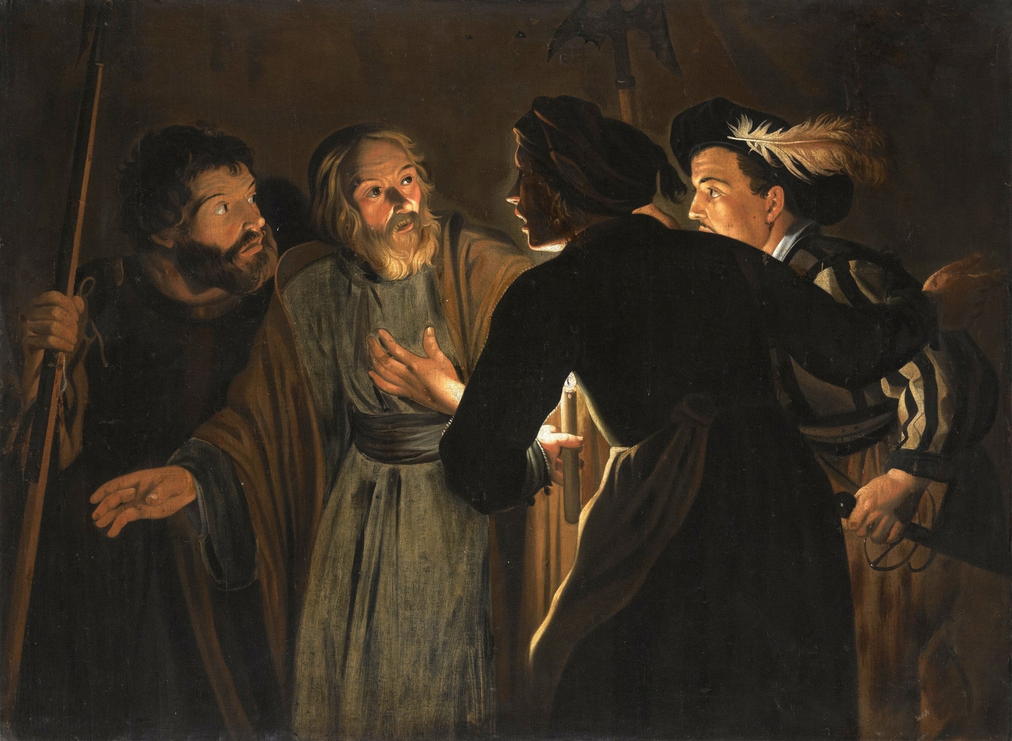 Pintura barroca escura de Hendrick ter Brugghen, 'A Prisão de Cristo', mostrando São Pedro negando Cristo, iluminado por uma vela central. Quatro figuras com expressões dramáticas.