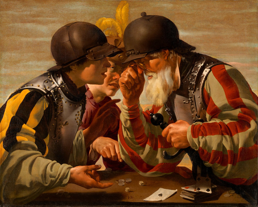 Quadro decorativo com a pintura 'Os Jogadores de Dados' de Hendrick ter Brugghen, mostrando três homens em vestes militares, com armaduras, jogando dados. A luz dramática realça as expressões de concentração e tensão dos personagens.