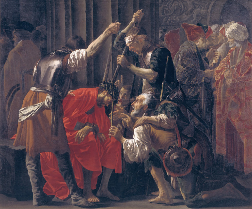 Quadro decorativo 'A Coroação de Espinhos' de Hendrick ter Brugghen, cena bíblica dramática com figuras em destaque e jogo de luz e sombra. Um homem coroado de espinhos sendo humilhado por soldados e uma multidão.