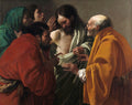 Quadro decorativo mostrando a obra "A Incredulidade de São Tomé" de Hendrick ter Brugghen, com Jesus e São Tomé. A imagem apresenta figuras humanas com vestes coloridas, em um estilo dramático e escuro, característico do caravaggismo.