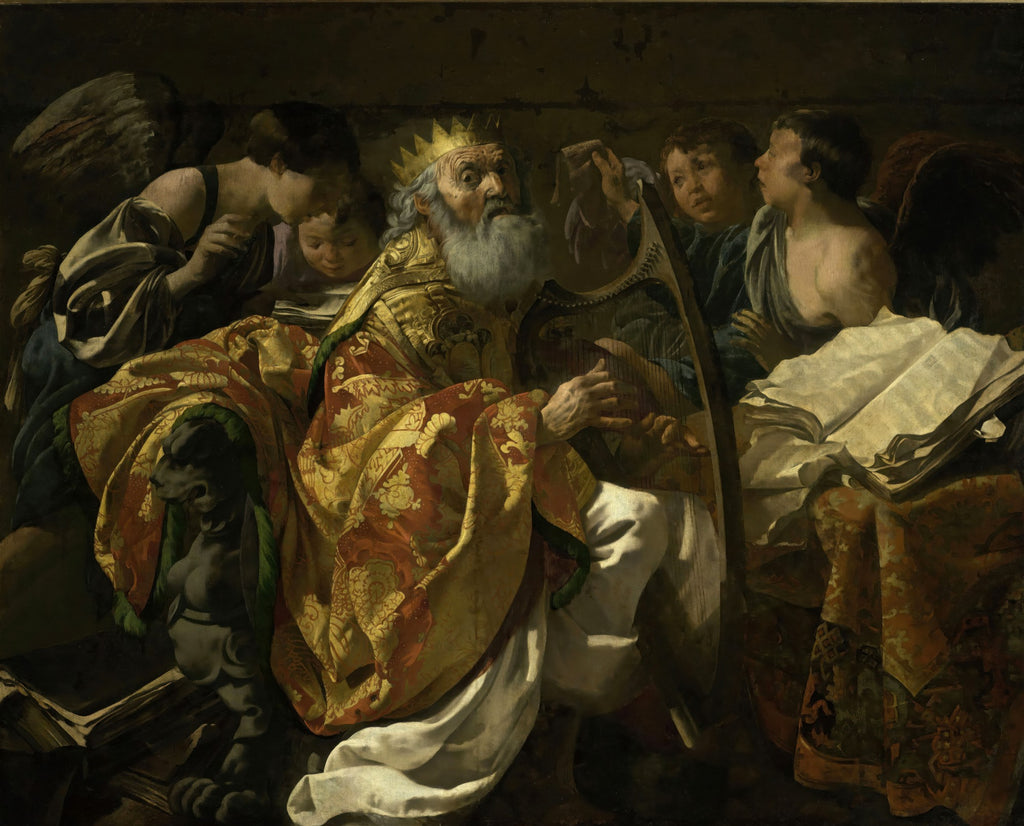 Pintura barroca de Hendrick ter Brugghen, 'Davi e os Anjos Músicos'. Rei Davi barbudo e coroado toca harpa, cercado por anjos. Cores escuras e realismo dramático.