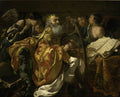 Pintura barroca de Hendrick ter Brugghen, 'Davi e os Anjos Músicos'. Rei Davi barbudo e coroado toca harpa, cercado por anjos. Cores escuras e realismo dramático.