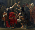Quadro decorativo mostrando a cena bíblica da Coroação de Espinhos, com figuras em vestes antigas em tons escuros e terrosos, e um homem de túnica vermelha no centro sendo pressionado com espinhos na cabeça por outros homens. A luz dramática realça os rostos e as expressões de dor e escárnio.