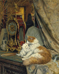 Pintura a óleo de Henriëtte Ronner Knip mostrando uma gata de pelo laranja e branco cuidando de um pequeno filhote branco, em uma cena doméstica ricamente decorada com um relógio ornamentado e cortinas luxuosas.