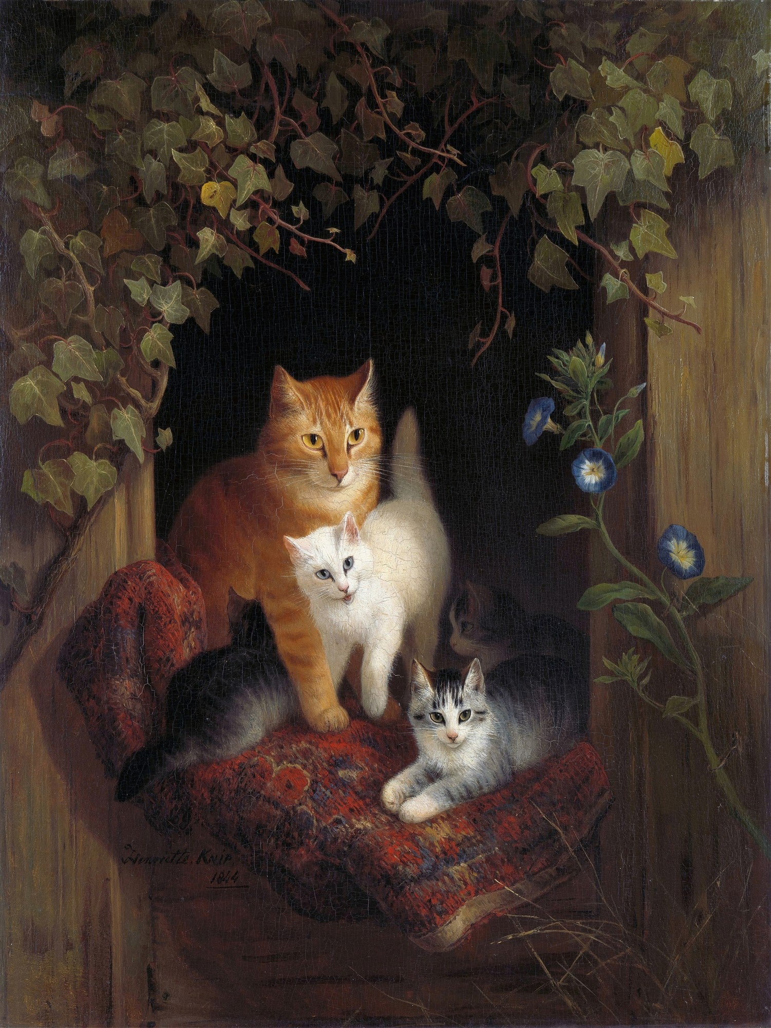 Pintura a óleo de Henriëtte Ronner-Knip mostrando uma gata tigrada laranja e seus filhotes, incluindo um branco e outro cinza, em uma janela com hera e flores azuis. Ao fundo, um tapete vermelho serve de base para os gatos.