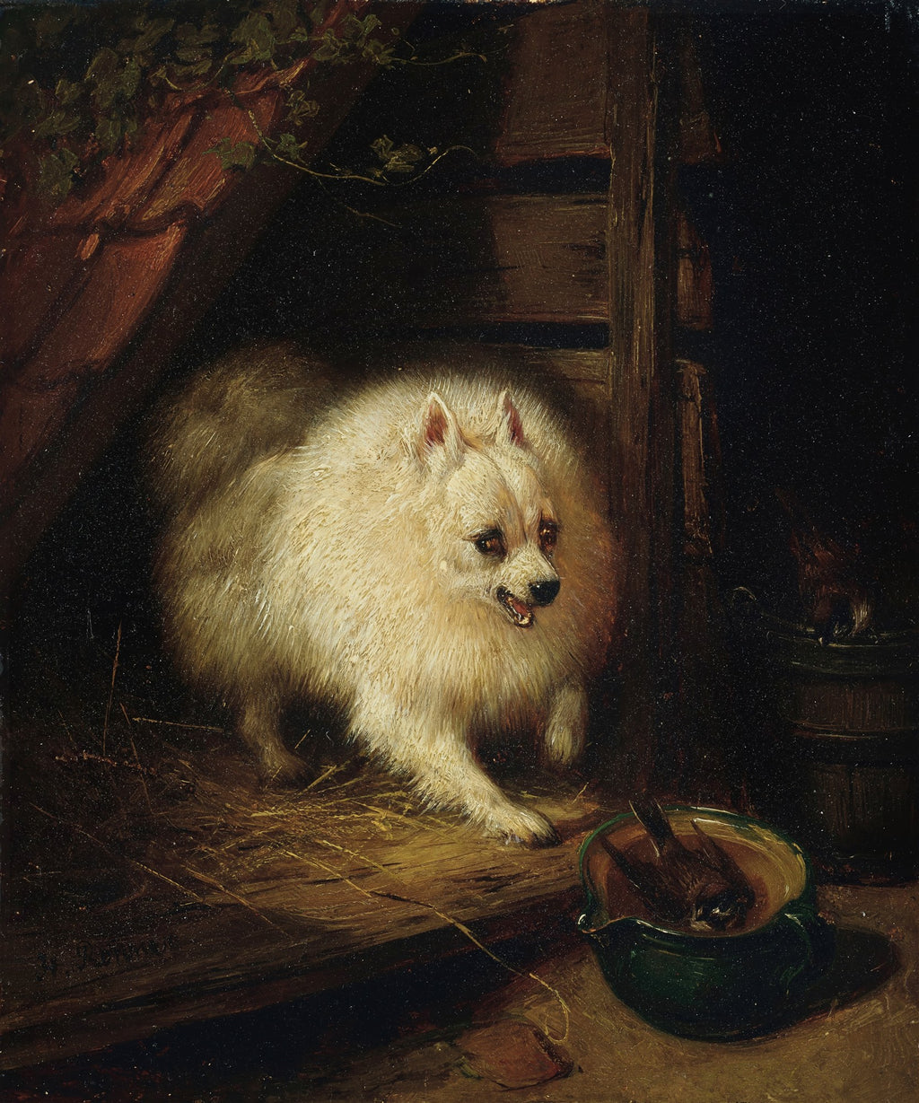 Pintura a óleo de Henriëtte Ronner-Knip mostrando um cão branco e fofo com expressão protetora, olhando para um passarinho em uma tigela verde. O fundo é escuro com tons terrosos, sugerindo um ambiente rústico.