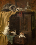 Pintura a óleo de Henriëtte Ronner-Knip mostrando vários gatinhos brincando e explorando um móvel de madeira antigo. Um gato adulto dorme no topo, enquanto filhotes escalam e espiam de gavetas.
