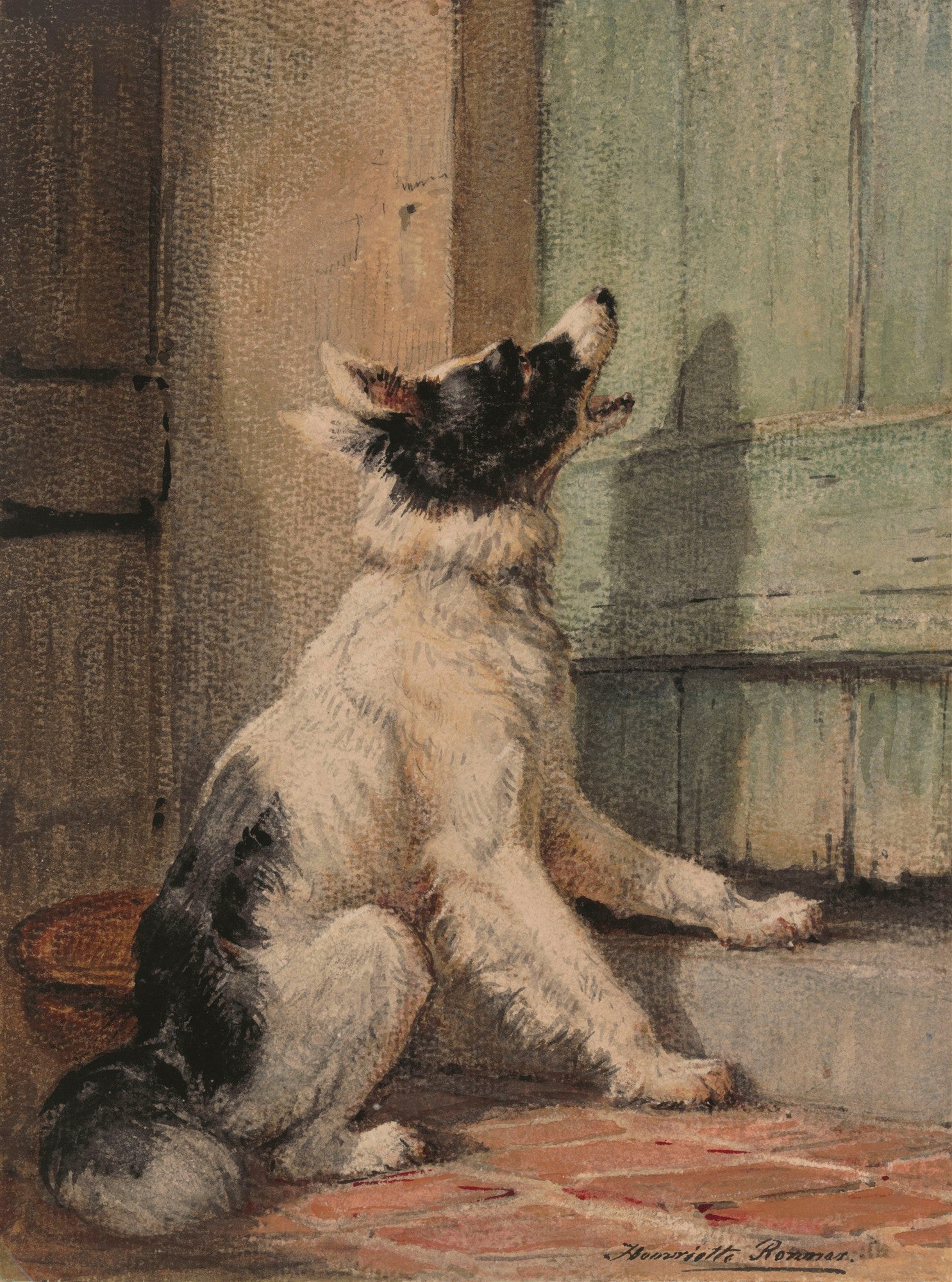 Quadro decorativo mostrando um cão de pelagem branca e preta, sentado e latindo em direção a uma porta verde-água, com uma parede marrom ao lado. A luz incide sobre o animal, criando um contraste suave.