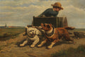Pintura de Henriëtte Ronner Knip retratando um menino em uma carroça puxada por dois cães, com um terceiro cão menor ao lado, em uma paisagem campestre. O céu é azul com nuvens, e ao fundo há uma cidade com uma torre de igreja.