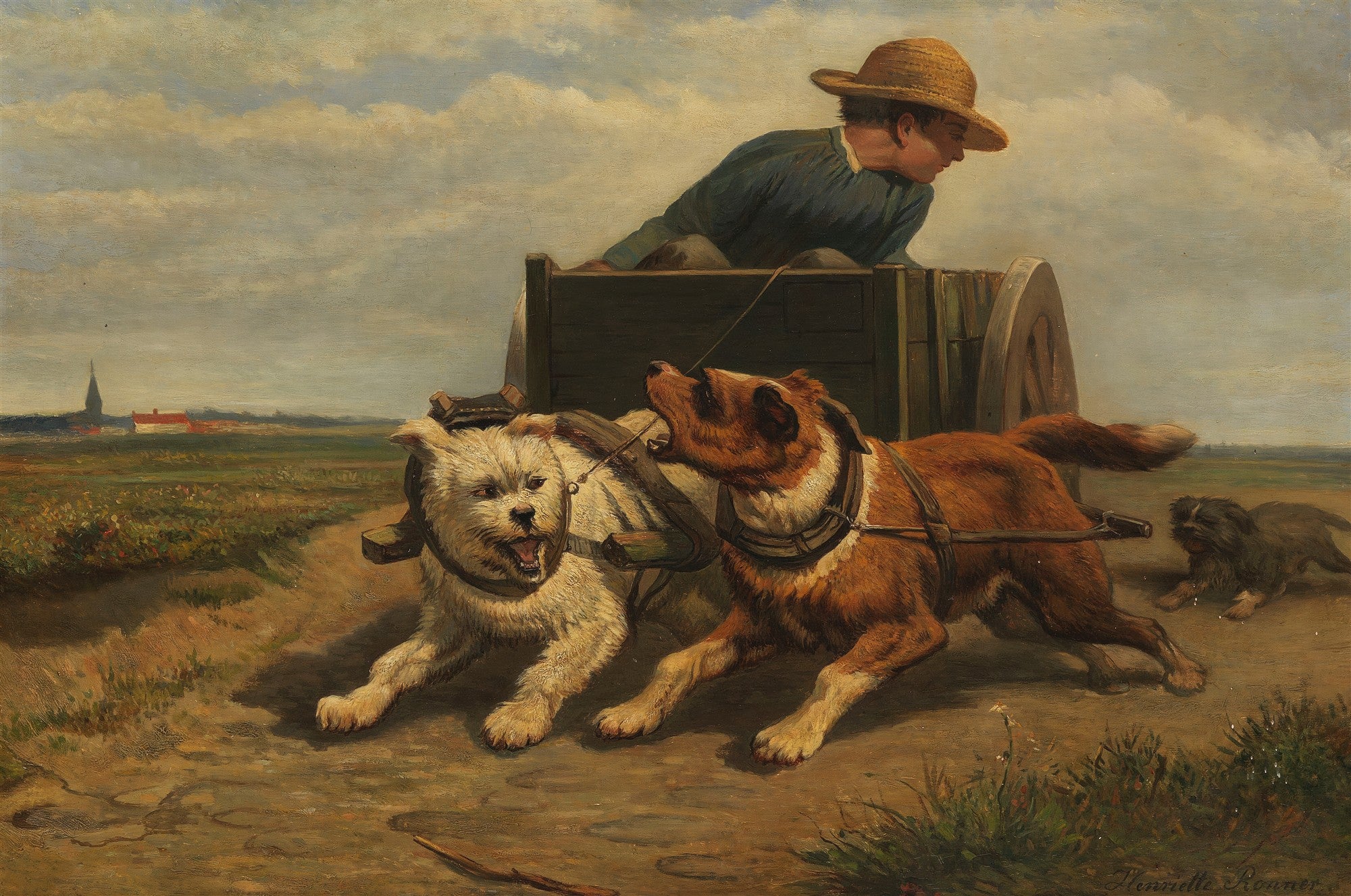 Pintura de Henriëtte Ronner Knip retratando um menino em uma carroça puxada por dois cães, com um terceiro cão menor ao lado, em uma paisagem campestre. O céu é azul com nuvens, e ao fundo há uma cidade com uma torre de igreja.