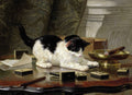 Quadro decorativo mostrando um gatinho preto e branco brincalhão, com peças de dominó em uma mesa de madeira escura, estilo século XIX, assinado por Henriëtte Ronner Knip