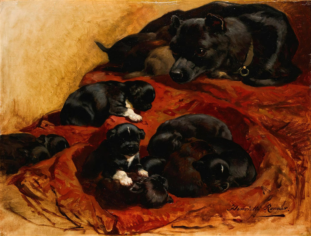 Pintura a óleo de Henriëtte Ronner-Knip mostrando uma cadela preta adulta com coleira dourada deitada sobre um tecido vermelho, cercada por vários filhotes pretos e marrons dormindo e brincando. O fundo é de um tom ocre.