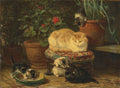 Pintura a óleo de Henriëtte Ronner-Knip mostrando uma gata laranja adulta deitada em um banquinho estofado, com três gatinhos brincando ao redor e plantas em vasos ao fundo, criando uma cena doméstica e acolhedora.