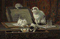 Pintura a óleo de Henriëtte Ronner-Knip mostrando uma gata mãe e seus filhotes brincando em um ateliê de arte. Gatinhos curiosos interagem com materiais de pintura e um quadro em um ambiente aconchegante.
