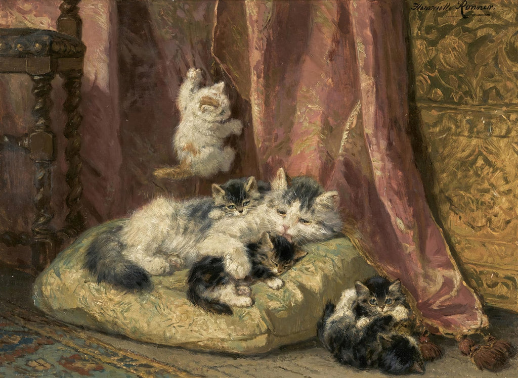 Quadro decorativo mostrando vários gatinhos brincando e descansando em um ambiente doméstico com cortinas de seda e almofada, pintado por Henriëtte Ronner-Knip.