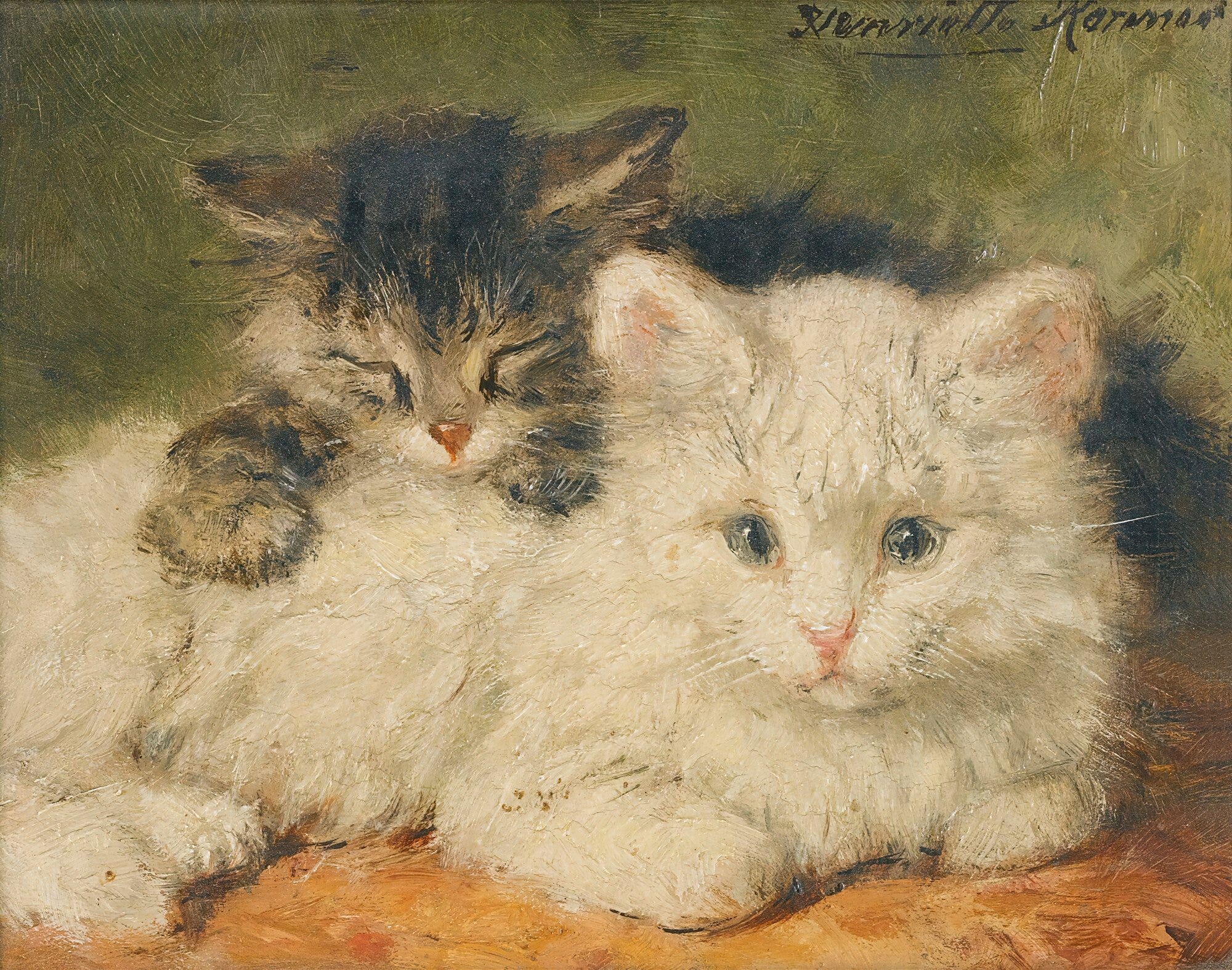 Pintura a óleo de dois gatinhos, um branco e um tigrado, aconchegados. O gatinho tigrado está dormindo sobre o gatinho branco, que olha para frente. Assinatura 'Henriëtte Ronner Knip' no canto superior direito.
