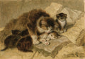 Pintura a óleo de Henriëtte Ronner-Knip retratando uma gata mãe e seus filhotes em tons de marrom e bege, transmitindo aconchego e ternura. Assinatura "Henriëtte Ronner 1901" visível no canto inferior direito.