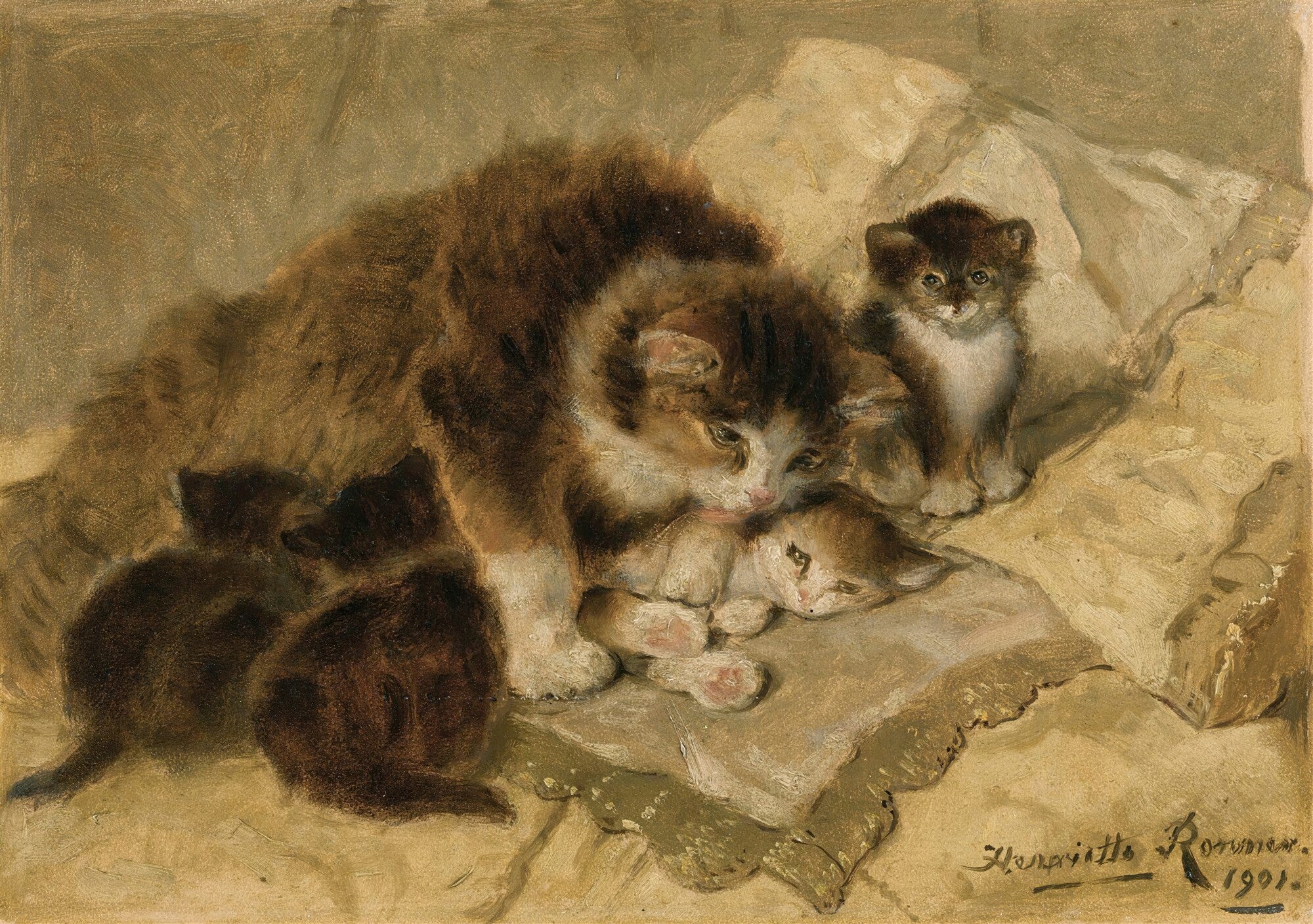 Pintura a óleo de Henriëtte Ronner-Knip retratando uma gata mãe e seus filhotes em tons de marrom e bege, transmitindo aconchego e ternura. Assinatura "Henriëtte Ronner 1901" visível no canto inferior direito.