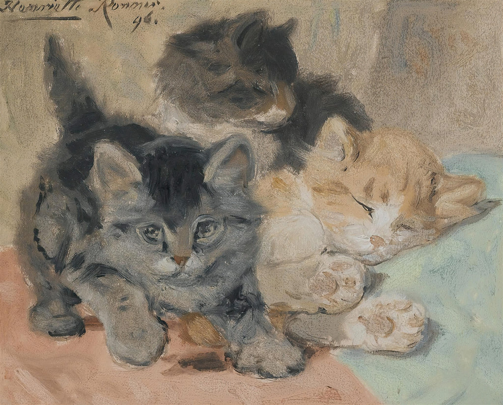 Pintura a óleo de três gatinhos: um cinza malhado com olhos abertos, um preto e branco atrás, e um laranja e branco dormindo. A assinatura 'Henriëtte Ronner-Knip' e '96' estão no canto superior esquerdo.