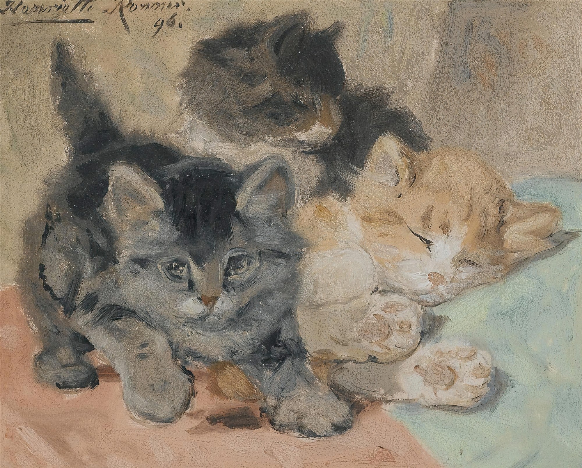 Pintura a óleo de três gatinhos: um cinza malhado com olhos abertos, um preto e branco atrás, e um laranja e branco dormindo. A assinatura 'Henriëtte Ronner-Knip' e '96' estão no canto superior esquerdo.