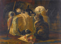 Quadro a óleo de Henriëtte Ronner Knip retratando uma gata adulta marrom e preta observando seus filhotes. Um gatinho branco dorme no topo de um móvel estofado, enquanto outros gatinhos tigrados e um preto e branco exploram o ambiente, incluindo um buquê de flores no chão. A cena é aconchegante e iluminada por uma luz suave.