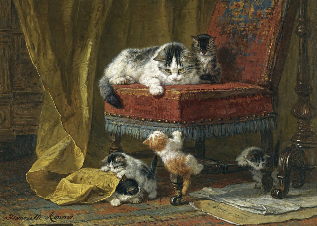 Pintura a óleo de Henriëtte Ronner-Knip mostrando uma mãe gata e seus filhotes brincando em um interior ricamente decorado com uma cadeira vermelha e cortinas douradas.