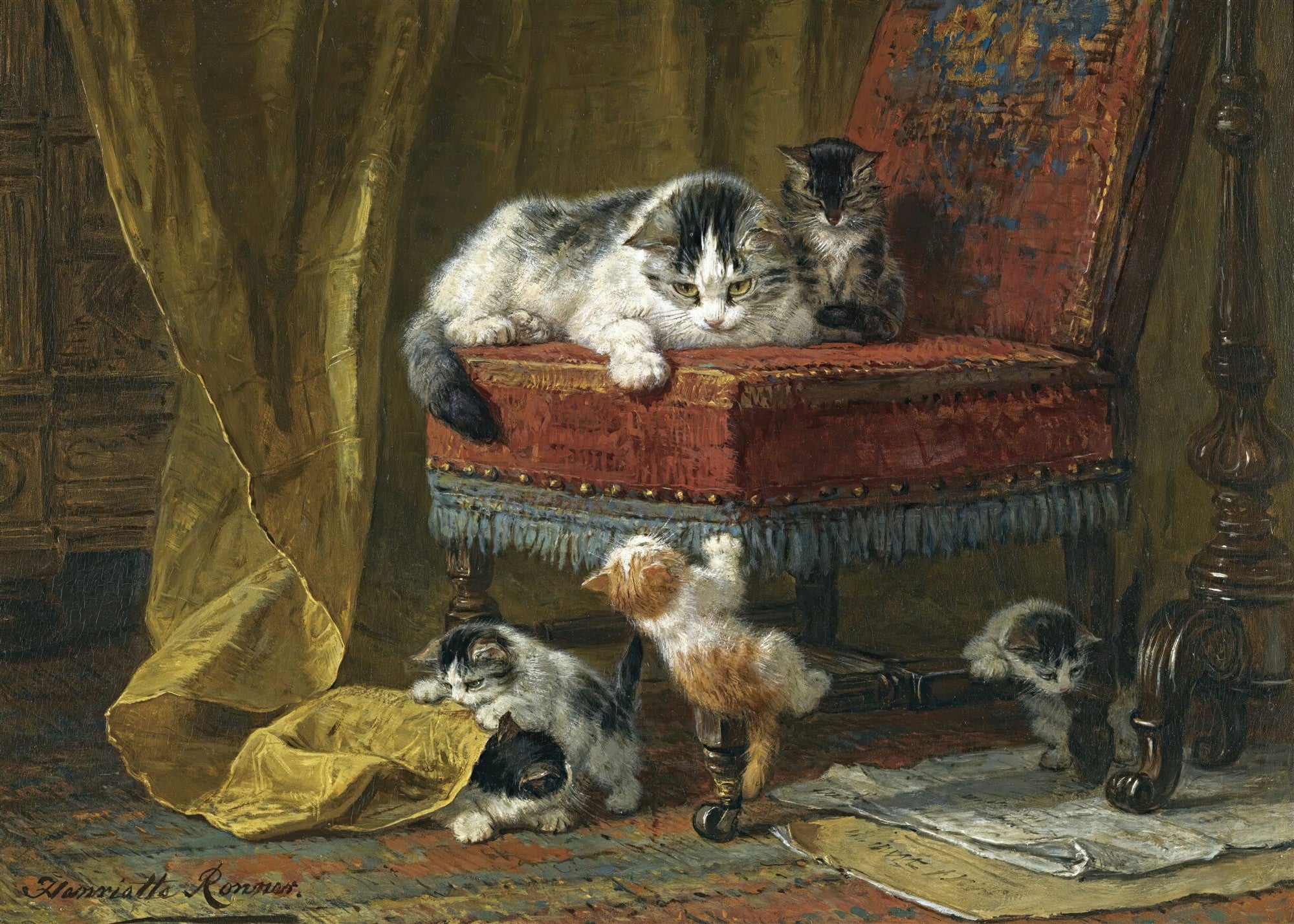 Pintura a óleo de Henriëtte Ronner-Knip mostrando uma mãe gata e seus filhotes brincando em um interior ricamente decorado com uma cadeira vermelha e cortinas douradas.