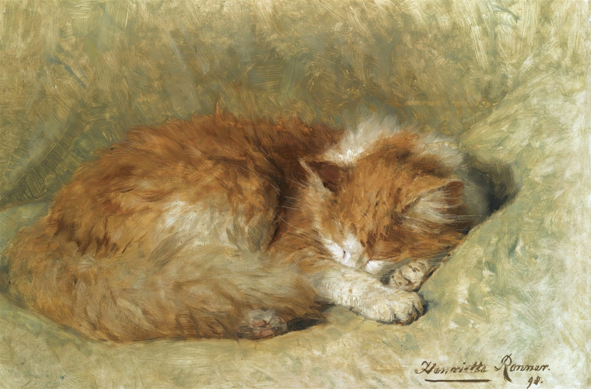 Pintura a óleo de um gato ruivo e branco adormecido, enrolado, com a cabeça apoiada nas patas, sobre um fundo em tons de verde e marrom. A pelagem é detalhada com pinceladas que sugerem maciez e volume. A luz parece incidir suavemente sobre o animal, realçando os tons quentes do pelo.