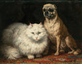 Quadro decorativo mostrando um gato persa branco de olhos verdes e um cão pug marrom sentados em um tapete estampado, sob uma mesa escura, pintados por Henriëtte Ronner Knip.
