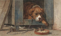 Pintura em aquarela de Henriëtte Ronner-Knip mostrando um cão dormindo em sua casinha, um gato espiando por baixo e pássaros comendo em uma tigela.