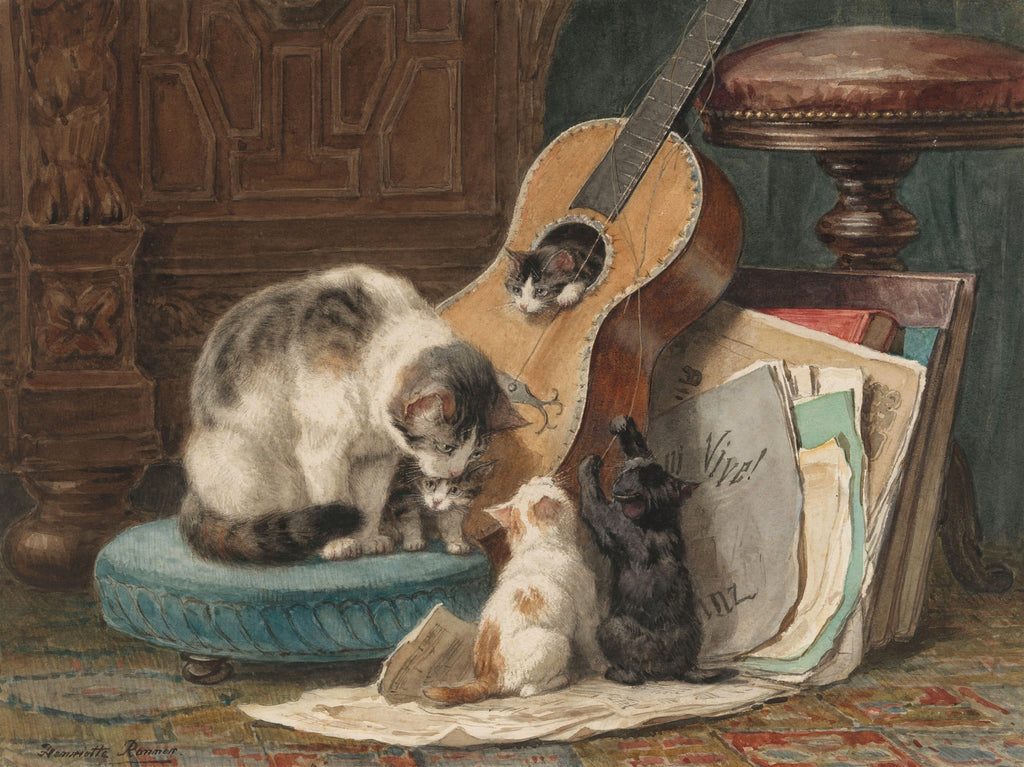Quadro decorativo com gatinhos brincalhões em cena doméstica, com uma gata mãe, filhotes e um violão, em estilo realista de Henriëtte Ronner-Knip.