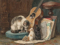 Quadro decorativo com gatinhos brincalhões em cena doméstica, com uma gata mãe, filhotes e um violão, em estilo realista de Henriëtte Ronner-Knip.
