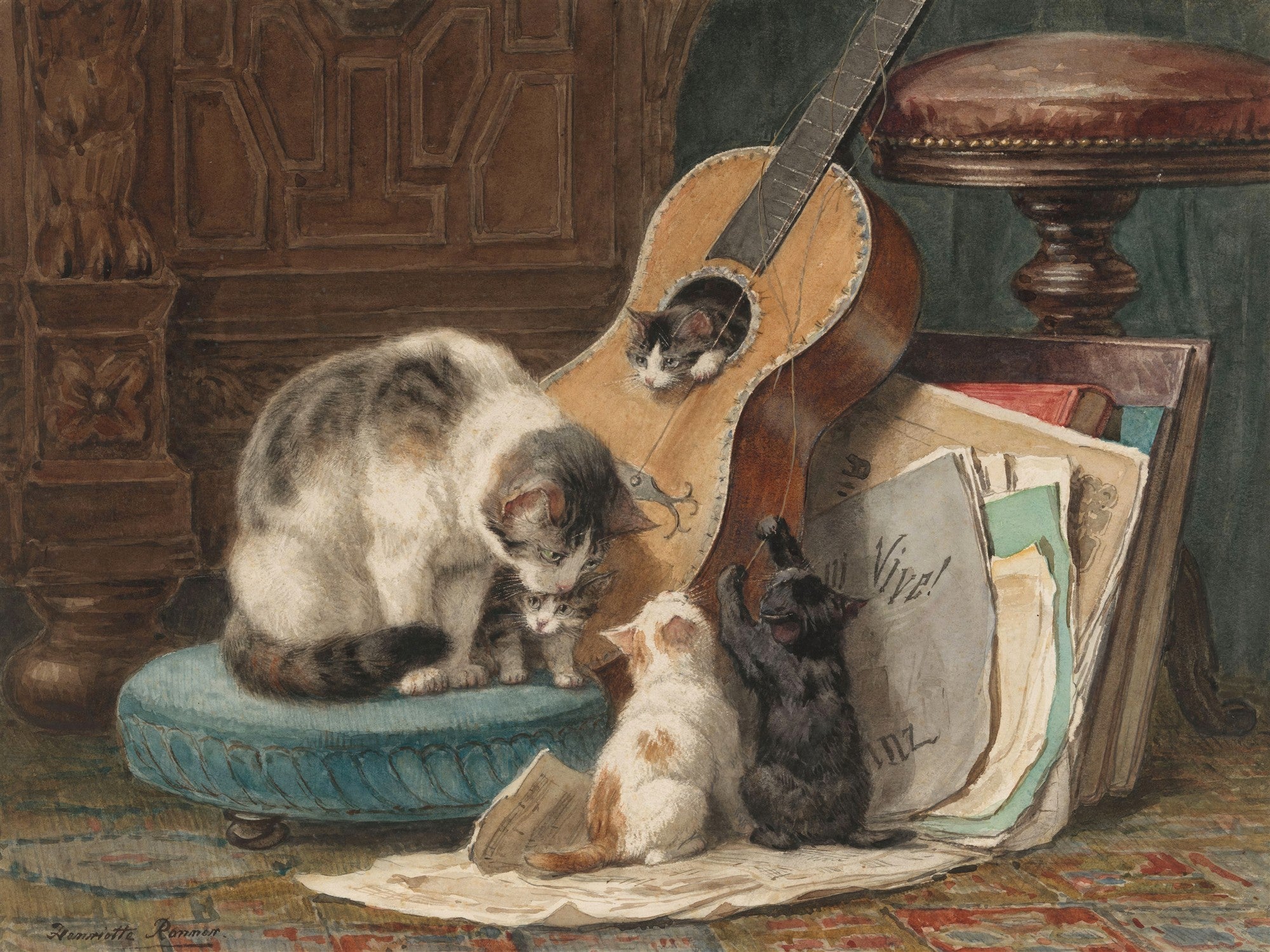 Quadro decorativo com gatinhos brincalhões em cena doméstica, com uma gata mãe, filhotes e um violão, em estilo realista de Henriëtte Ronner-Knip.