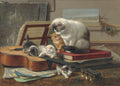 Pintura a óleo de Henriëtte Ronner-Knip com uma gata adulta e quatro gatinhos brincando ao redor de um violão e partituras, em tons terrosos e cinzentos.