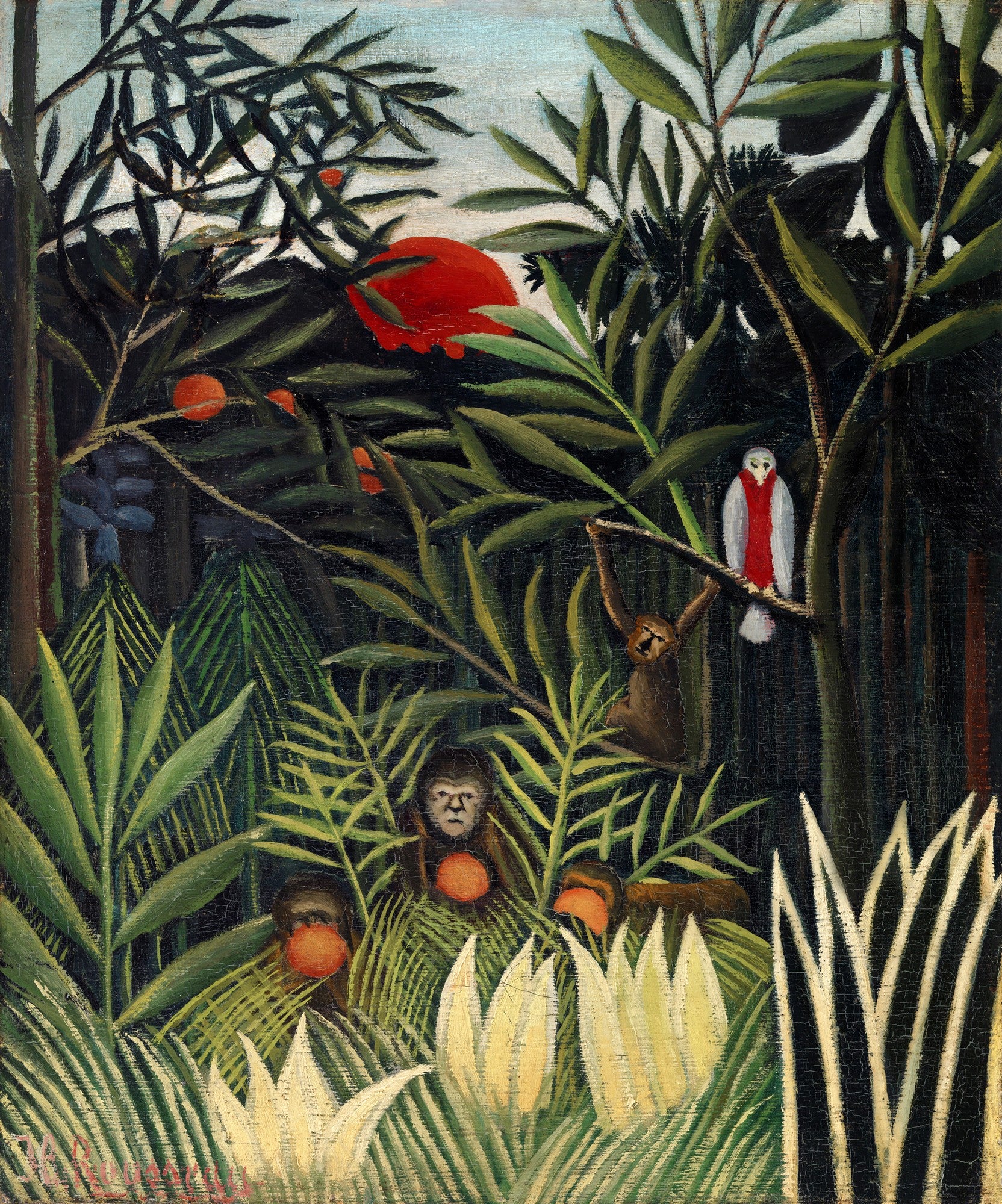 Quadro decorativo com pintura de Henri Rousseau, 'A Selva Tropical com Macacos', representando uma selva densa com folhagens verdes escuras, macacos com frutas laranjas e um pássaro branco e vermelho em um galho, sob um céu claro e um sol vermelho ao fundo.