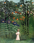 Quadro decorativo 'A Mulher no Laranjal' de Henri Rousseau, retratando uma mulher de vestido branco em um jardim exuberante com laranjeiras e flores azuis.
