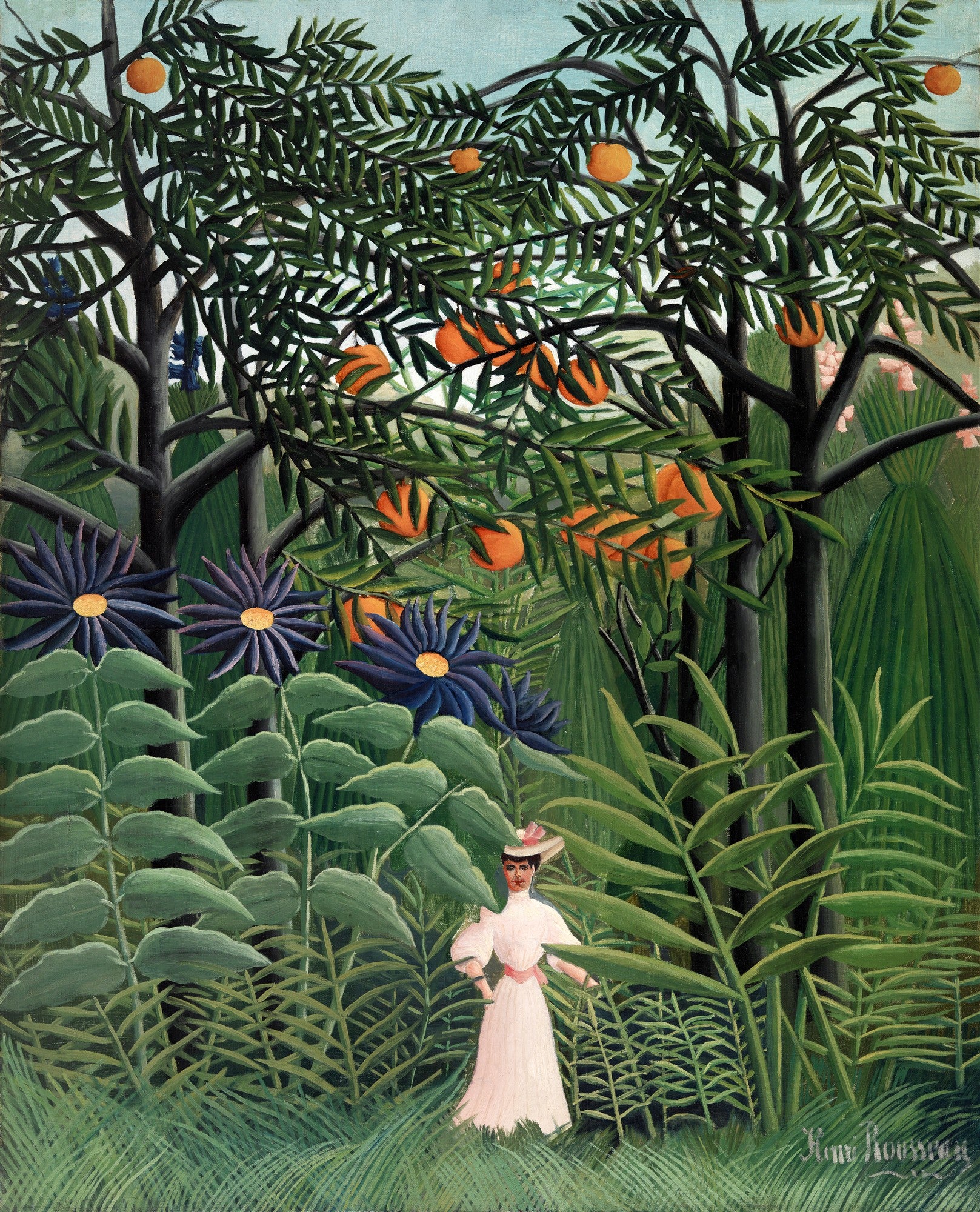 Quadro decorativo 'A Mulher no Laranjal' de Henri Rousseau, retratando uma mulher de vestido branco em um jardim exuberante com laranjeiras e flores azuis.